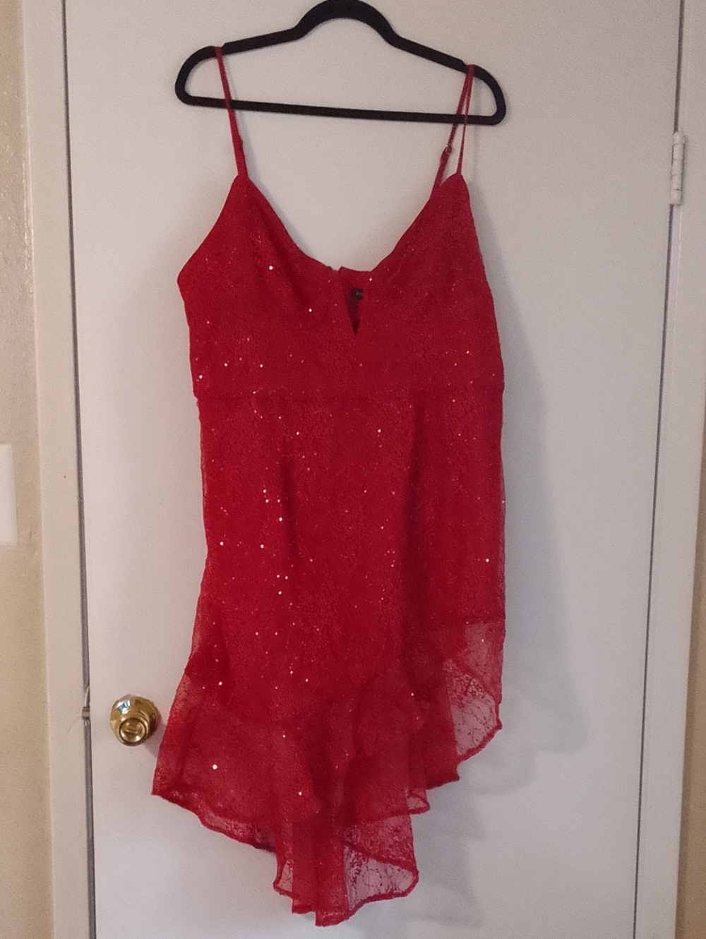 Red Sequin Asymmetric Slip Dress - Women's Evening Wear